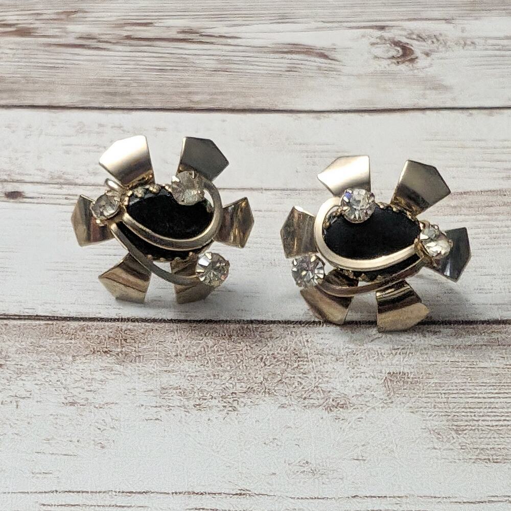 Vintage Screw Back Earrings Large Statement Gold Tone, Black, Clear Gem